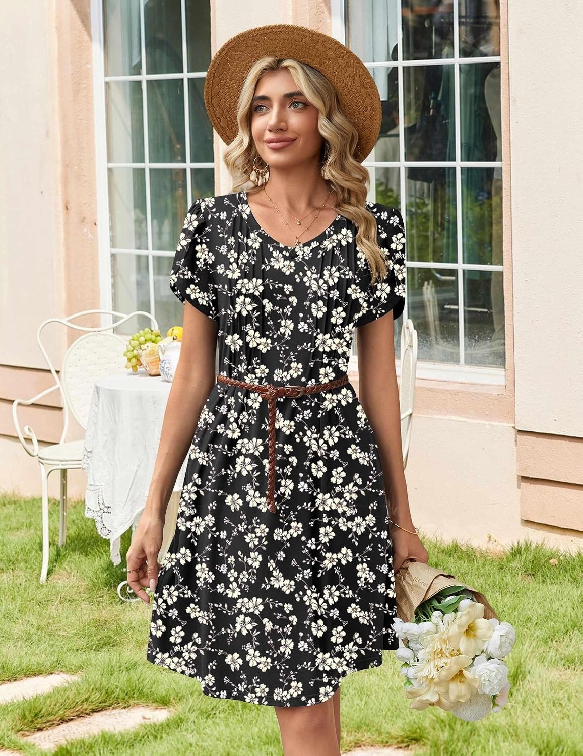 image:imageZeagoo Summer Dresses for Women Casual A Line Dress 2026 V Neck Short Dresses Floral Sundress Pleated Boho DressBlack Floral 03