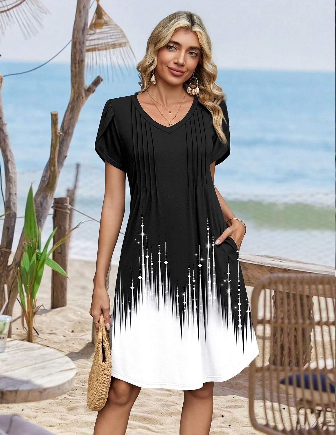 image:imageZeagoo Summer Dresses for Women Casual A Line Dress 2026 V Neck Short Dresses Floral Sundress Pleated Boho DressBlackwhite