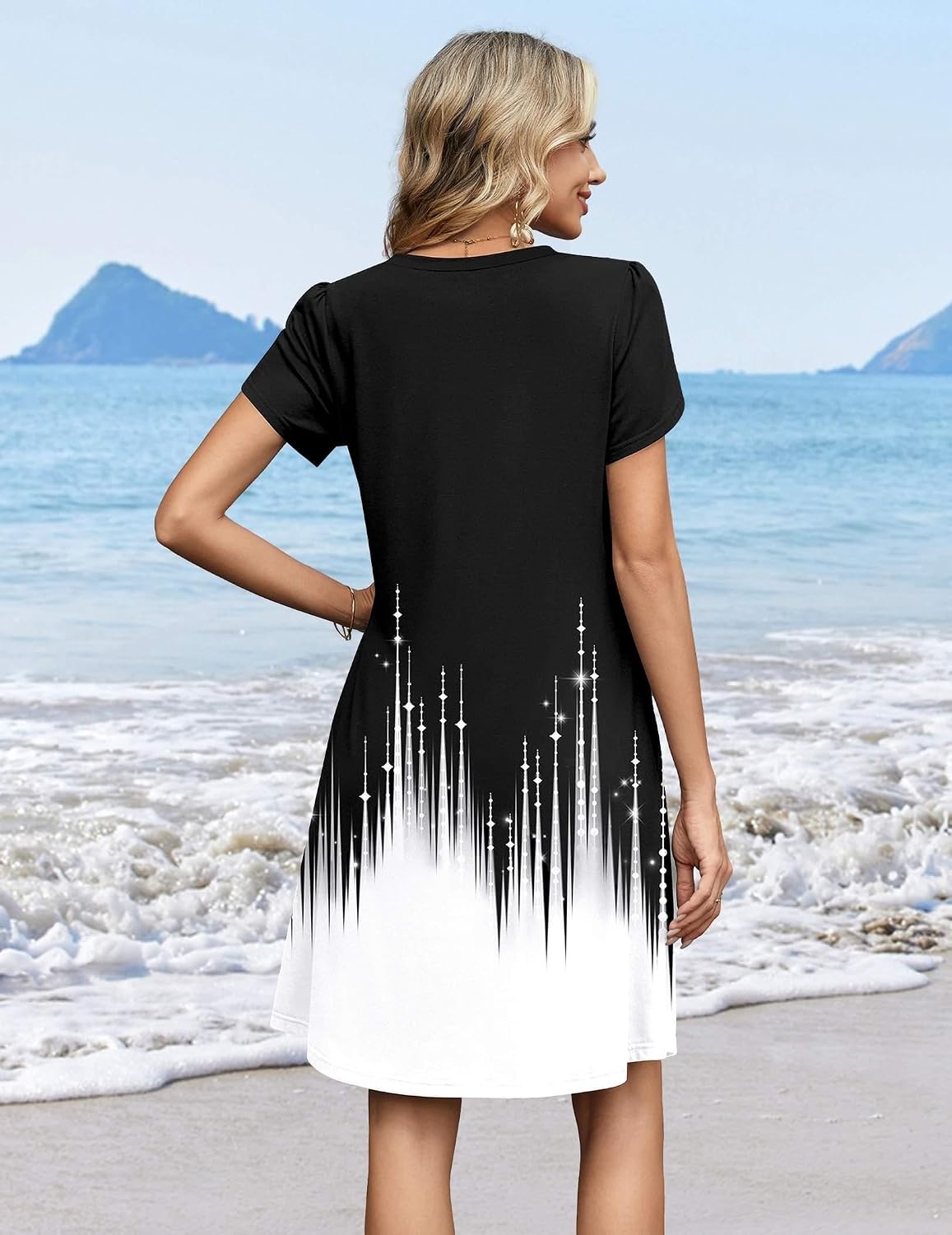 image:imageZeagoo Summer Dresses for Women Casual A Line Dress 2026 V Neck Short Dresses Floral Sundress Pleated Boho DressBlackwhite