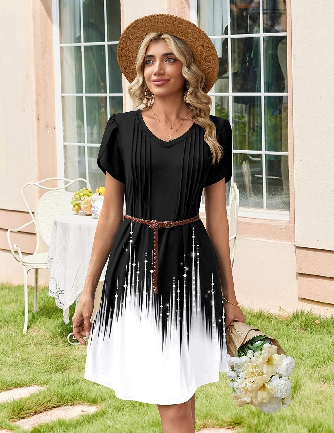 image:imageZeagoo Summer Dresses for Women Casual A Line Dress 2026 V Neck Short Dresses Floral Sundress Pleated Boho DressBlackwhite