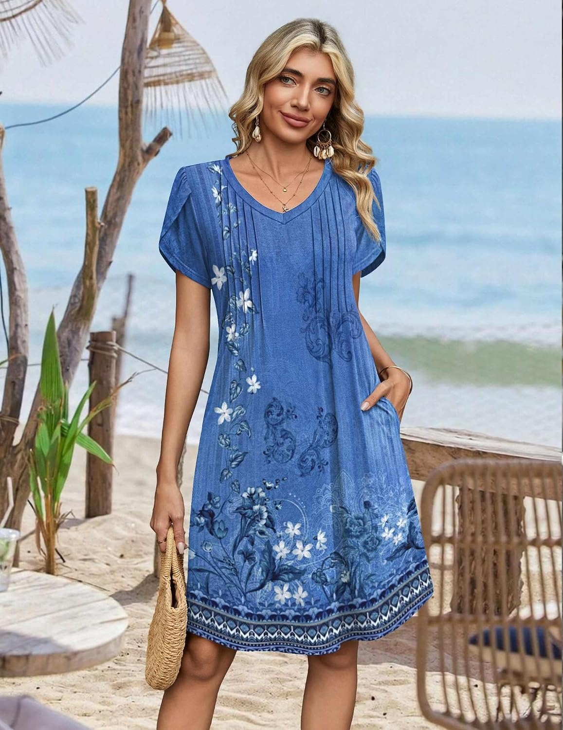 image:imageZeagoo Summer Dresses for Women Casual A Line Dress 2026 V Neck Short Dresses Floral Sundress Pleated Boho DressBlue Floral B