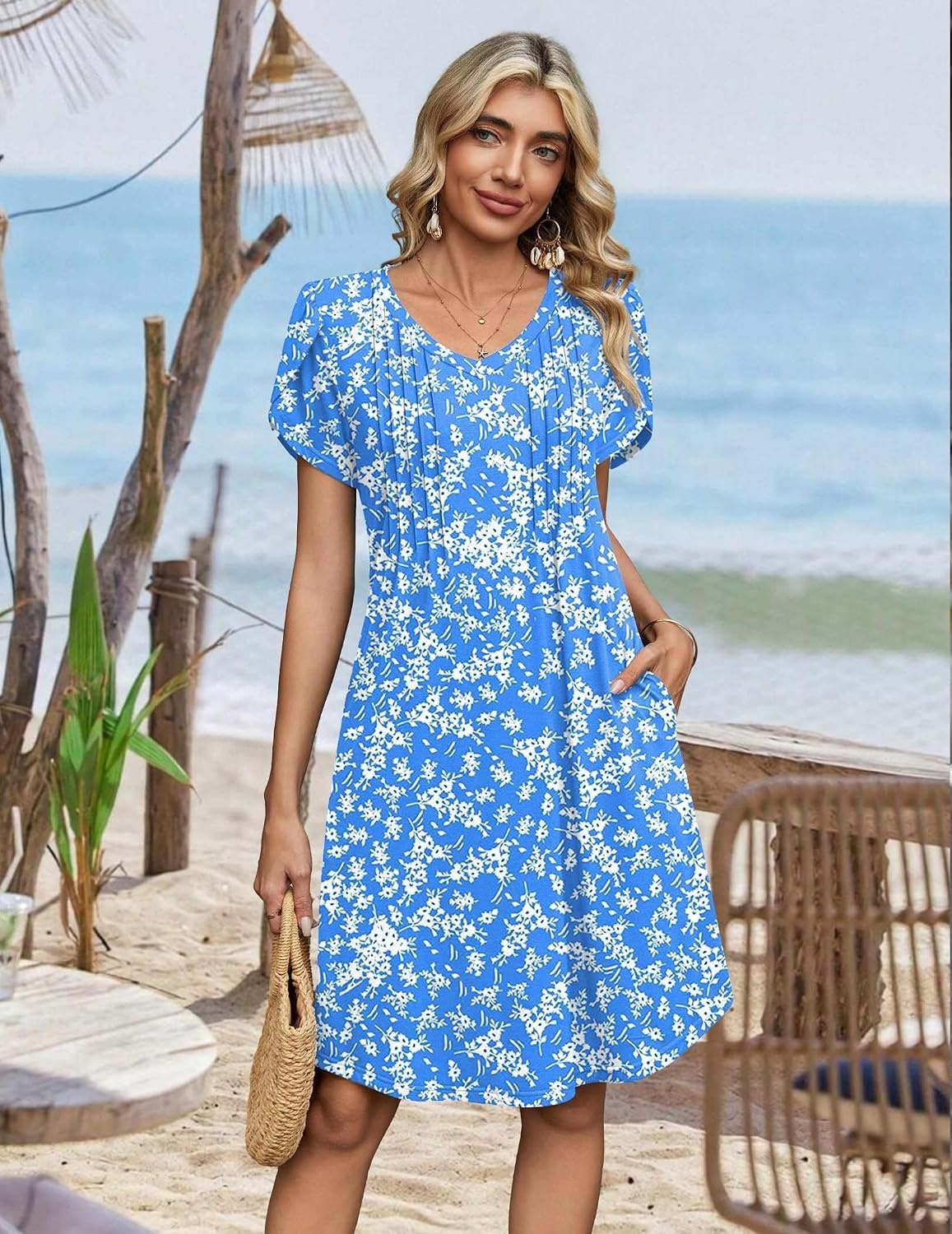 image:imageZeagoo Summer Dresses for Women Casual A Line Dress 2026 V Neck Short Dresses Floral Sundress Pleated Boho DressBlue Floral a