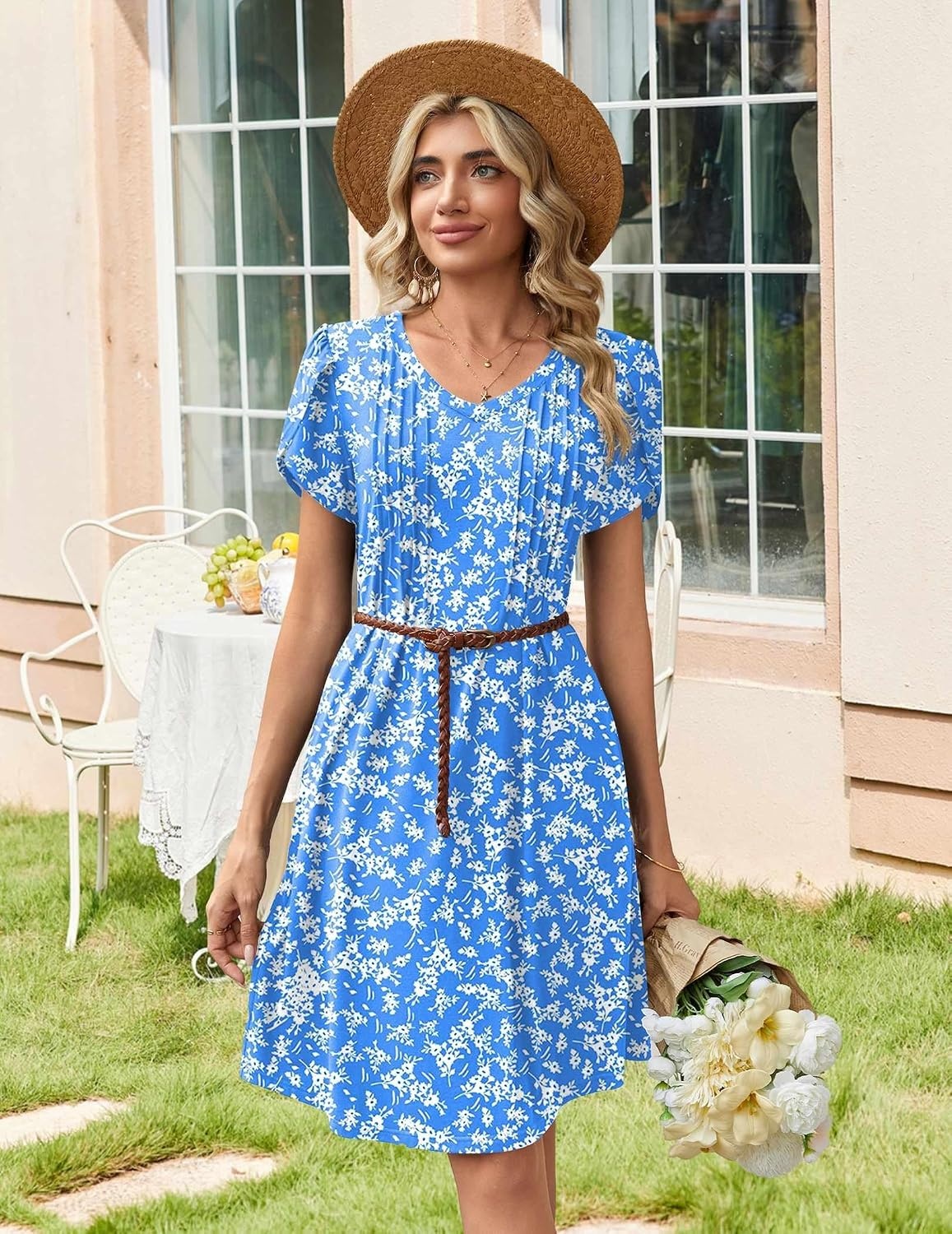 image:imageZeagoo Summer Dresses for Women Casual A Line Dress 2026 V Neck Short Dresses Floral Sundress Pleated Boho DressBlue Floral a