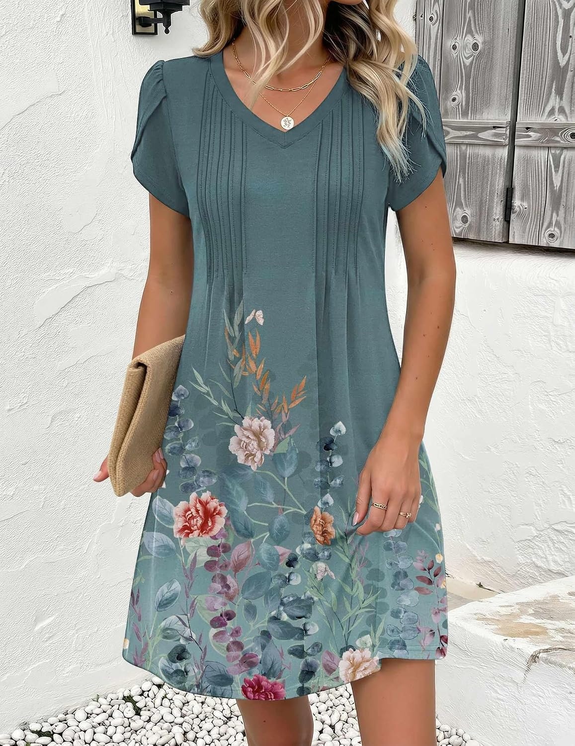 image:imageZeagoo Summer Dresses for Women Casual A Line Dress 2026 V Neck Short Dresses Floral Sundress Pleated Boho DressBlue Green 02