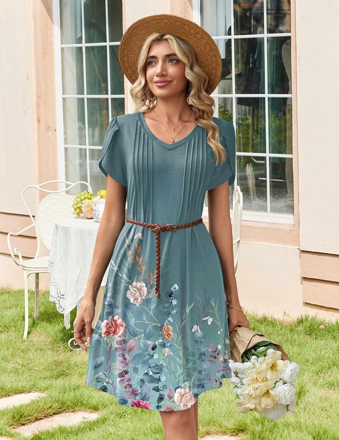 image:imageZeagoo Summer Dresses for Women Casual A Line Dress 2026 V Neck Short Dresses Floral Sundress Pleated Boho DressBlue Green 02