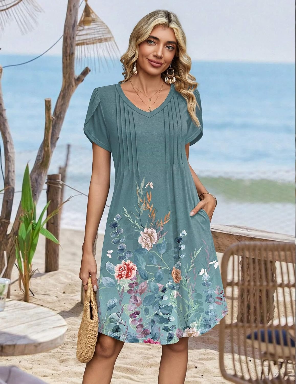 image:imageZeagoo Summer Dresses for Women Casual A Line Dress 2026 V Neck Short Dresses Floral Sundress Pleated Boho DressBlue Green 02