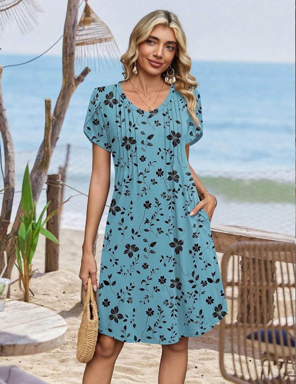 image:imageZeagoo Summer Dresses for Women Casual A Line Dress 2026 V Neck Short Dresses Floral Sundress Pleated Boho DressBlue Green Floral