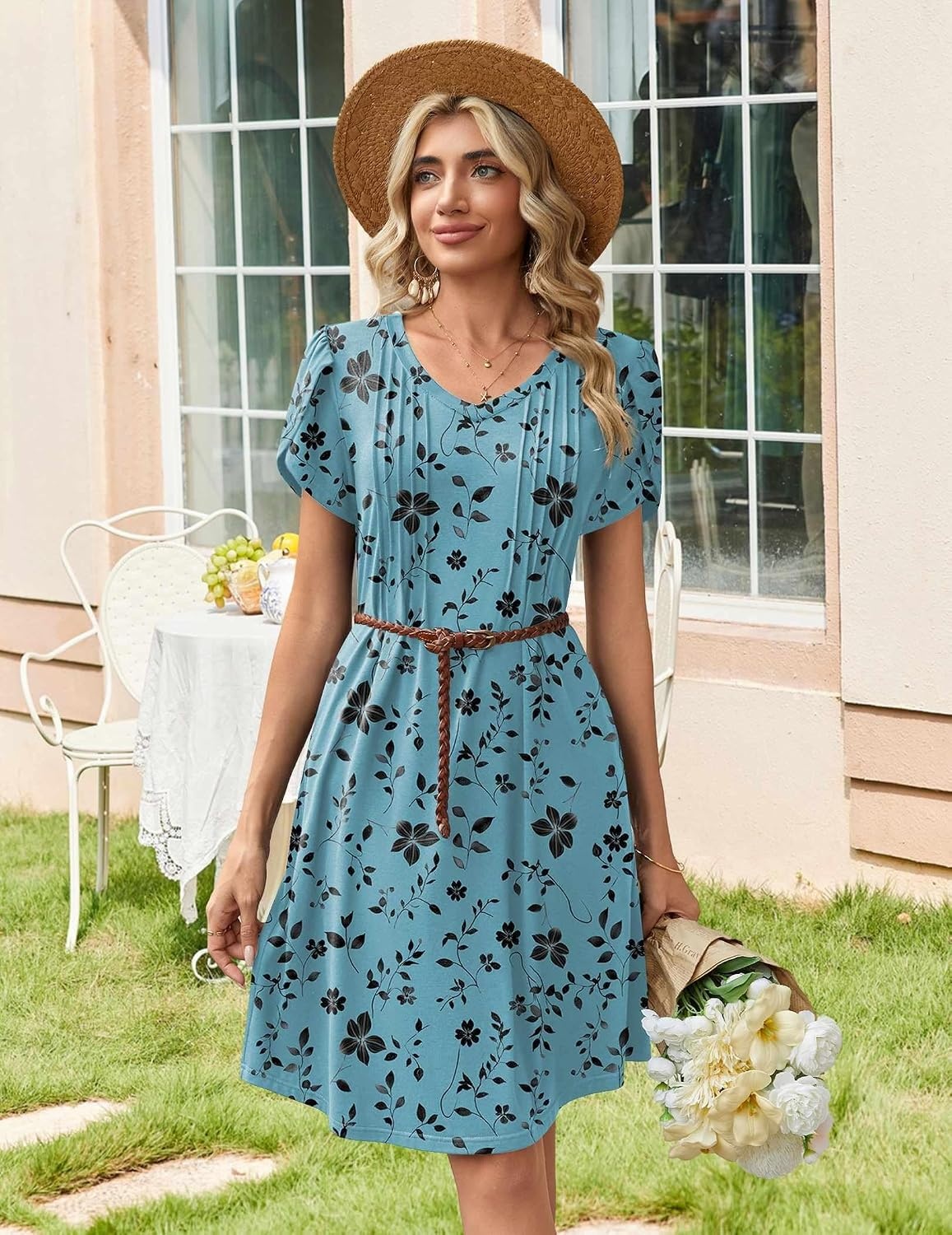 image:imageZeagoo Summer Dresses for Women Casual A Line Dress 2026 V Neck Short Dresses Floral Sundress Pleated Boho DressBlue Green Floral