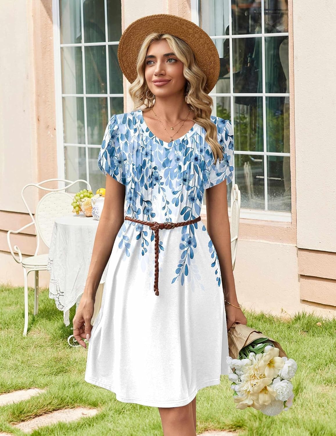 image:imageZeagoo Summer Dresses for Women Casual A Line Dress 2026 V Neck Short Dresses Floral Sundress Pleated Boho DressBlue Printed
