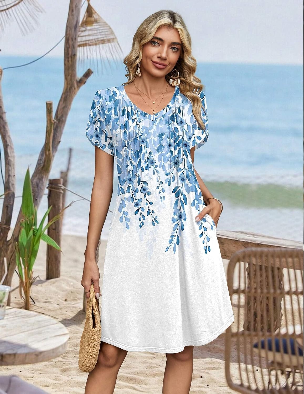 image:imageZeagoo Summer Dresses for Women Casual A Line Dress 2026 V Neck Short Dresses Floral Sundress Pleated Boho DressBlue Printed