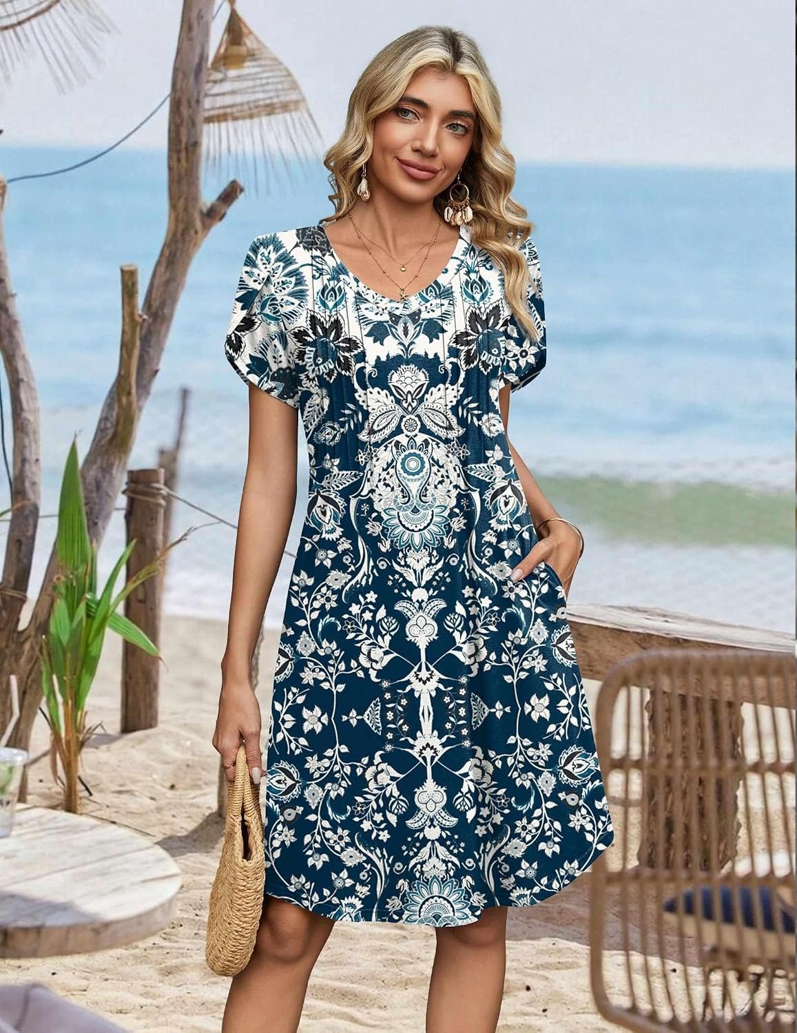 image:imageZeagoo Summer Dresses for Women Casual A Line Dress 2026 V Neck Short Dresses Floral Sundress Pleated Boho DressBoho Blue Print