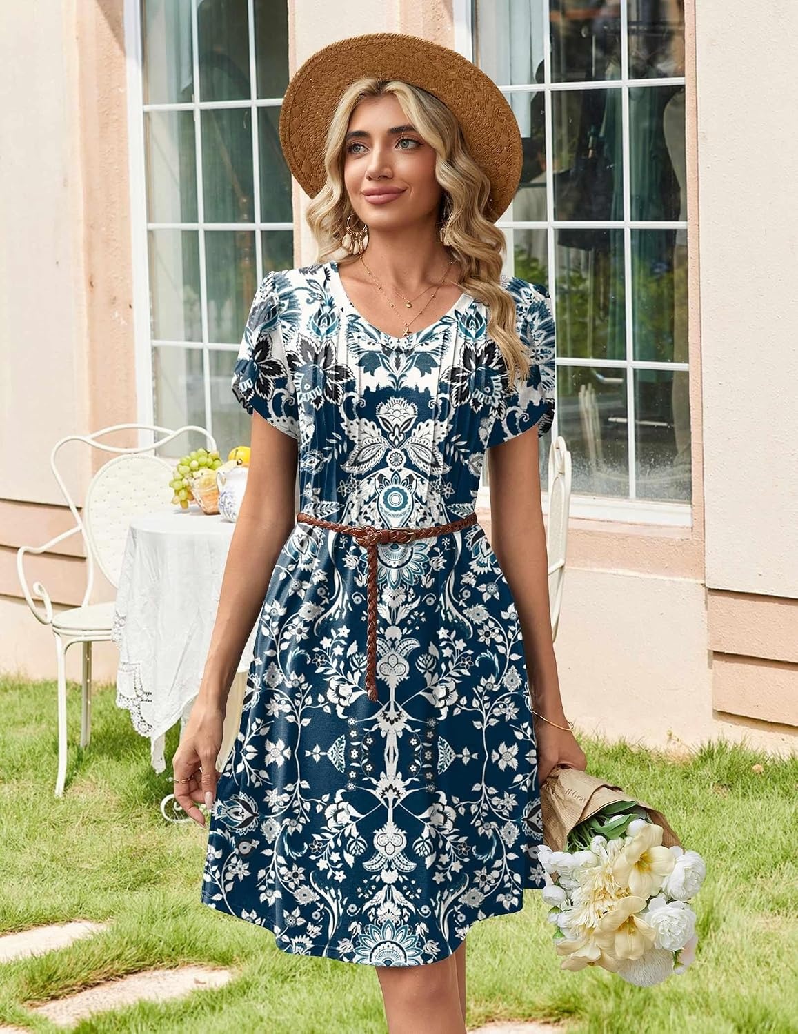 image:imageZeagoo Summer Dresses for Women Casual A Line Dress 2026 V Neck Short Dresses Floral Sundress Pleated Boho DressBoho Blue Print