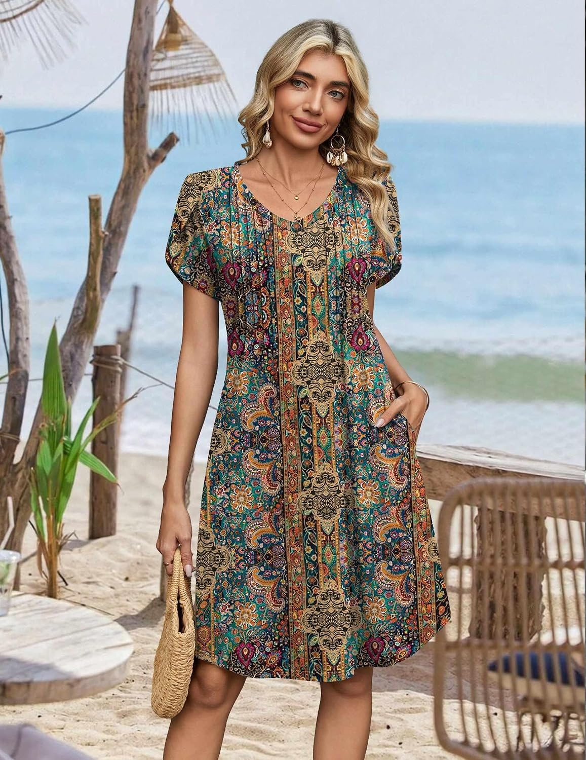 image:imageZeagoo Summer Dresses for Women Casual A Line Dress 2026 V Neck Short Dresses Floral Sundress Pleated Boho DressBoho Brown Print