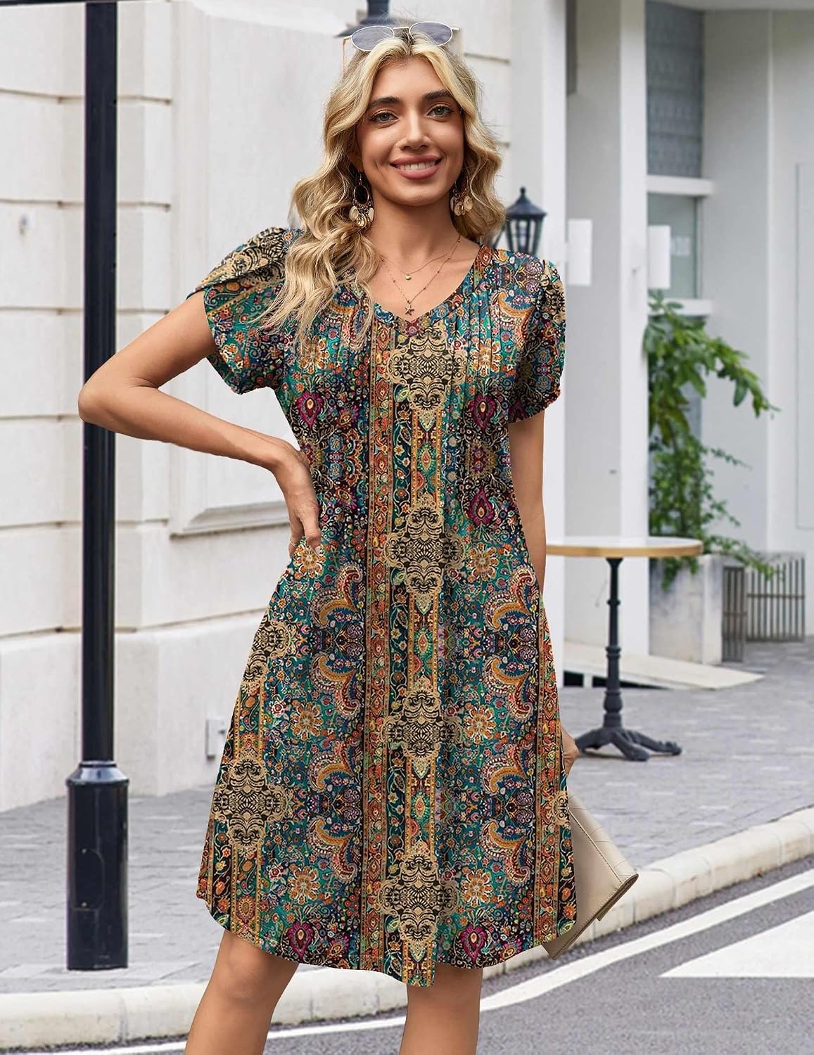 image:imageZeagoo Summer Dresses for Women Casual A Line Dress 2026 V Neck Short Dresses Floral Sundress Pleated Boho DressBoho Brown Print