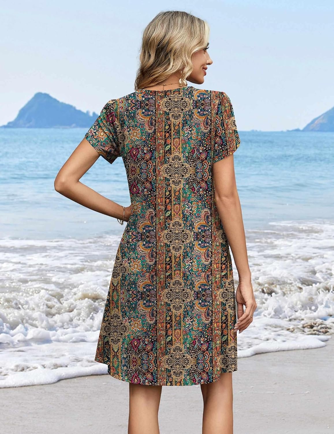 image:imageZeagoo Summer Dresses for Women Casual A Line Dress 2026 V Neck Short Dresses Floral Sundress Pleated Boho DressBoho Brown Print