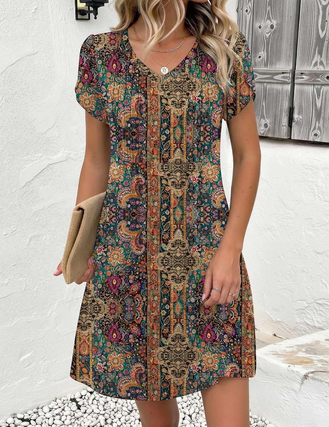 image:imageZeagoo Summer Dresses for Women Casual A Line Dress 2026 V Neck Short Dresses Floral Sundress Pleated Boho DressBoho Brown Print