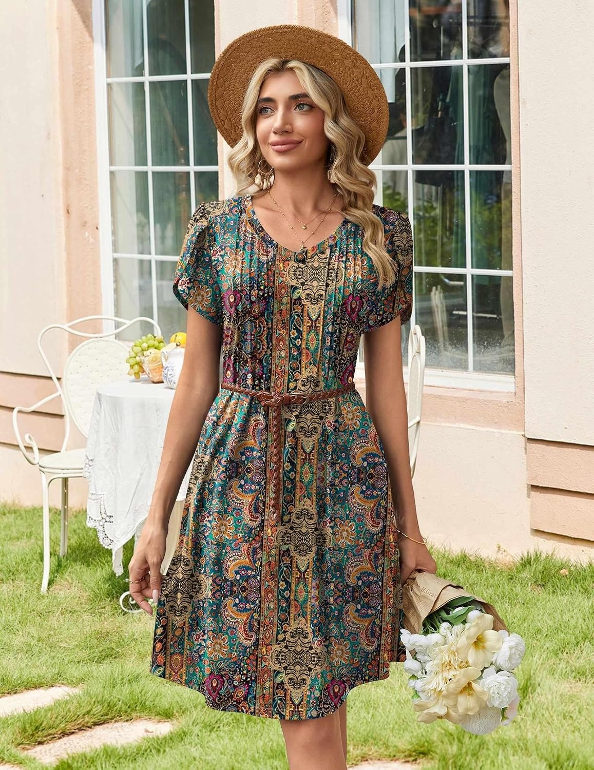 image:imageZeagoo Summer Dresses for Women Casual A Line Dress 2026 V Neck Short Dresses Floral Sundress Pleated Boho DressBoho Brown Print