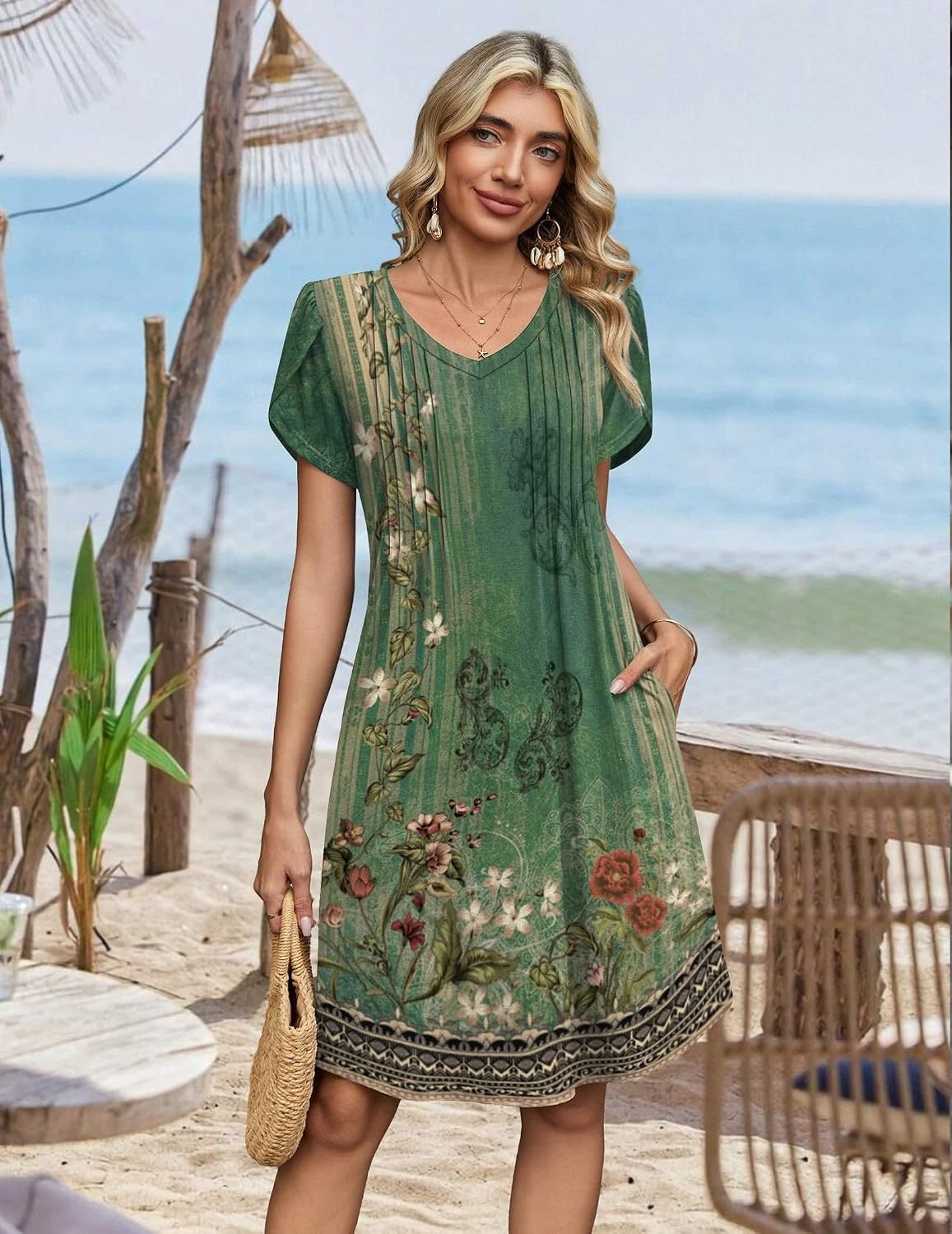 image:imageZeagoo Summer Dresses for Women Casual A Line Dress 2026 V Neck Short Dresses Floral Sundress Pleated Boho DressGreen Floral 01