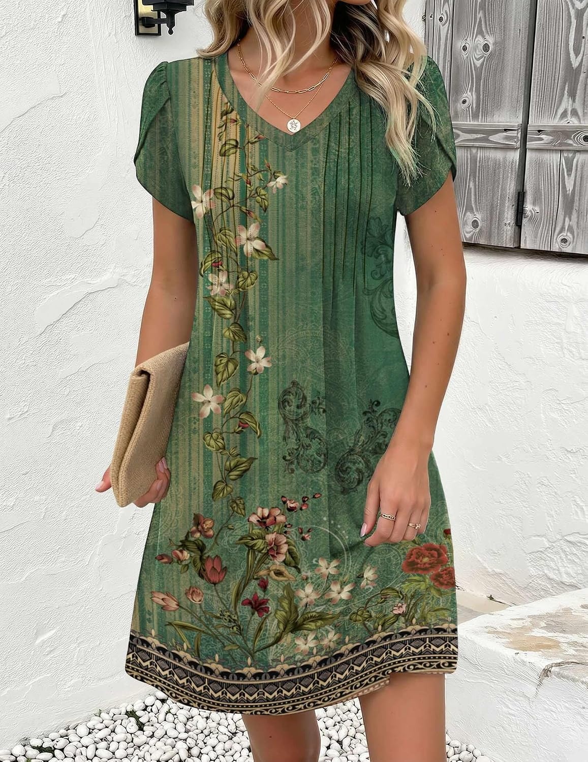 image:imageZeagoo Summer Dresses for Women Casual A Line Dress 2026 V Neck Short Dresses Floral Sundress Pleated Boho DressGreen Floral 01