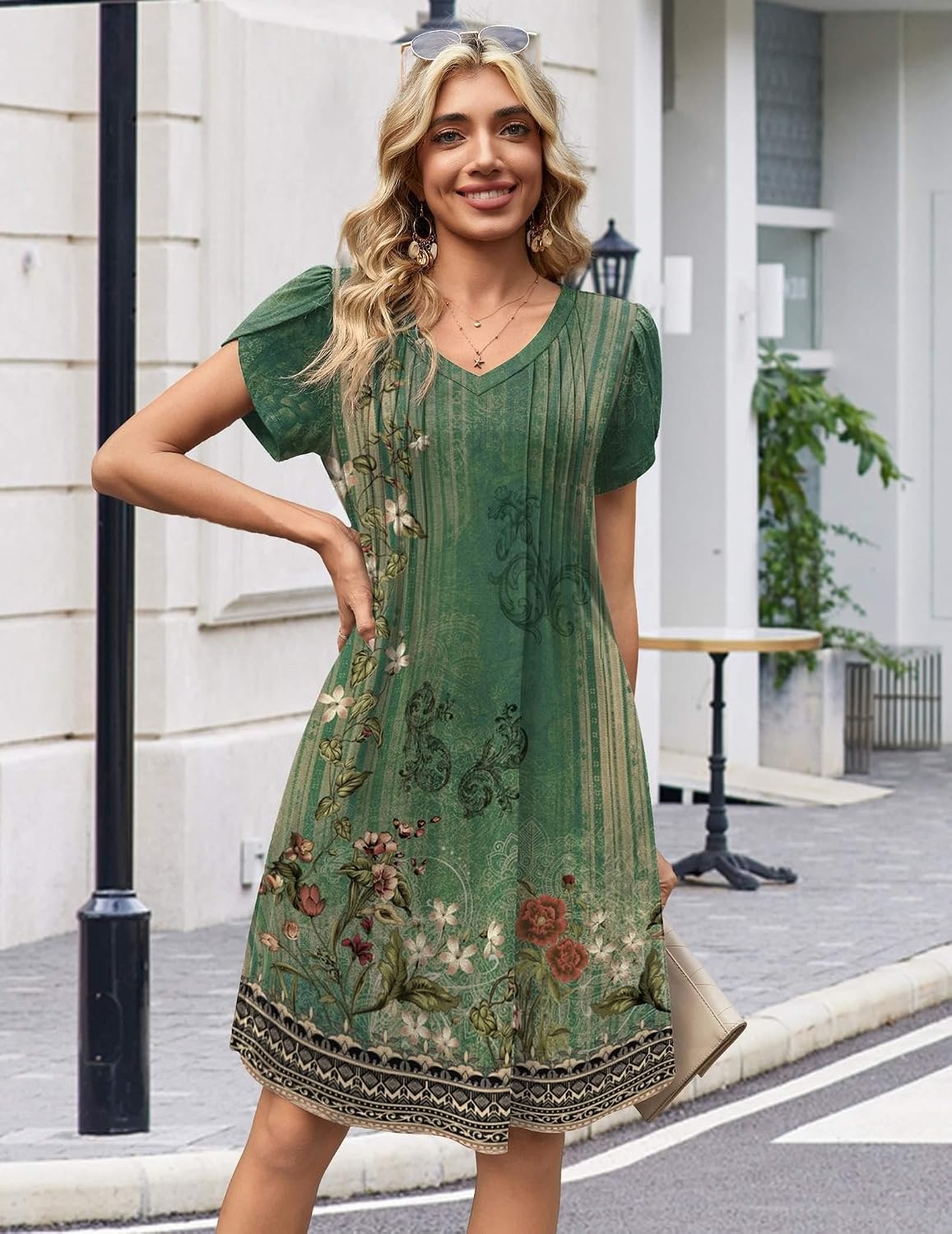 image:imageZeagoo Summer Dresses for Women Casual A Line Dress 2026 V Neck Short Dresses Floral Sundress Pleated Boho DressGreen Floral 01