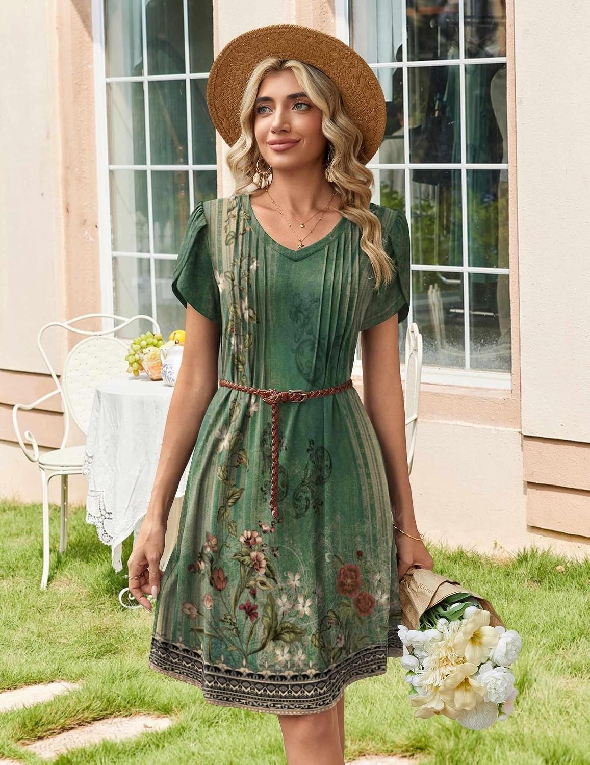 image:imageZeagoo Summer Dresses for Women Casual A Line Dress 2026 V Neck Short Dresses Floral Sundress Pleated Boho DressGreen Floral 01