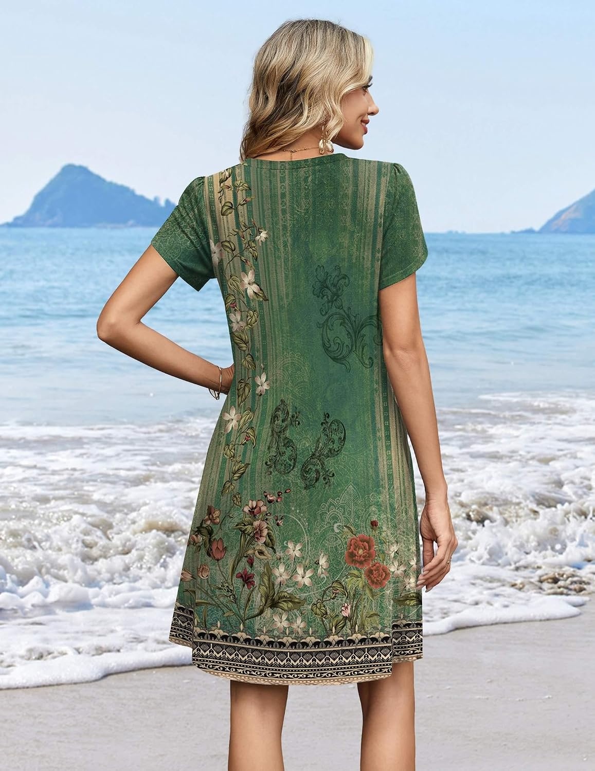 image:imageZeagoo Summer Dresses for Women Casual A Line Dress 2026 V Neck Short Dresses Floral Sundress Pleated Boho DressGreen Floral 01