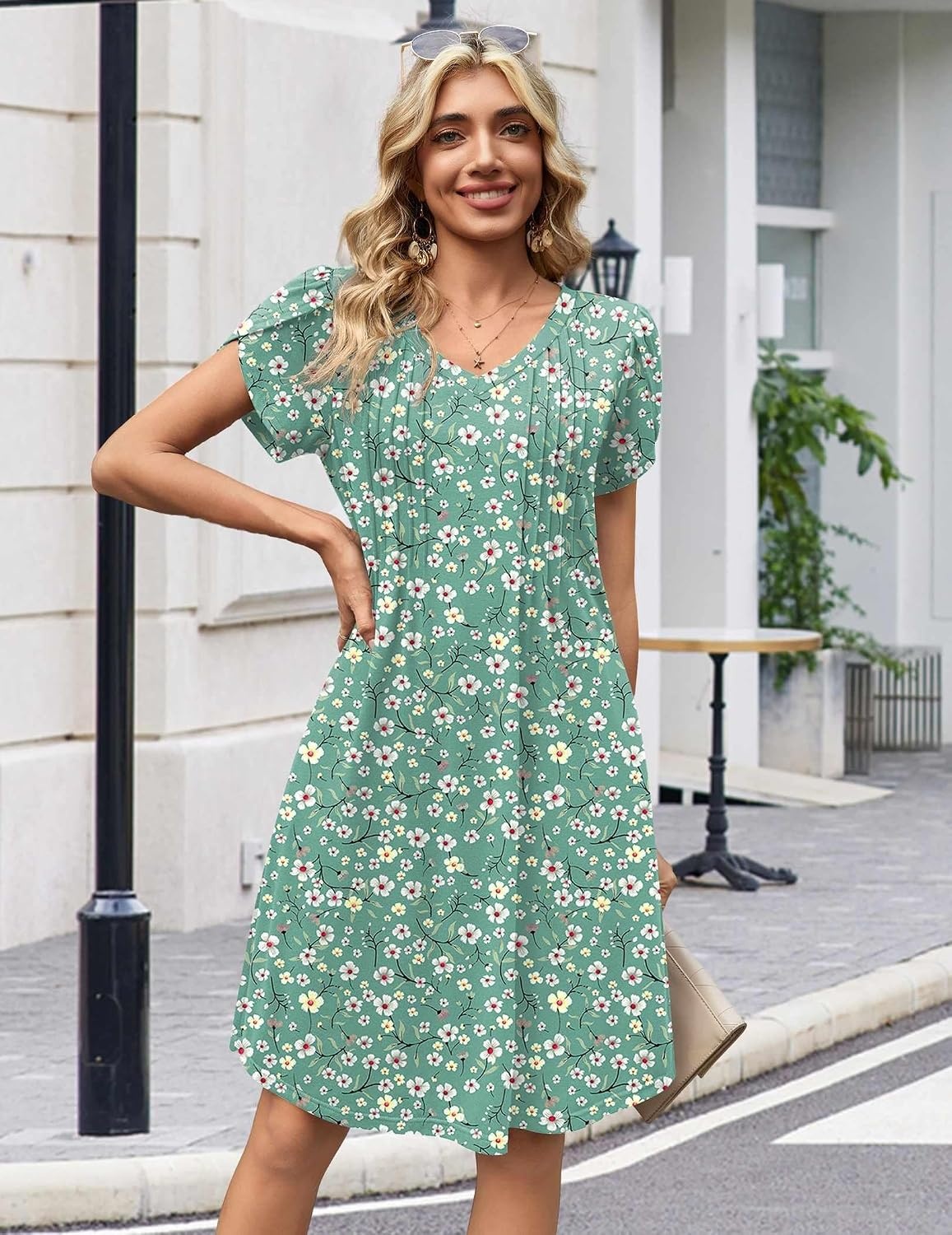 image:imageZeagoo Summer Dresses for Women Casual A Line Dress 2026 V Neck Short Dresses Floral Sundress Pleated Boho DressGreen Floral 02