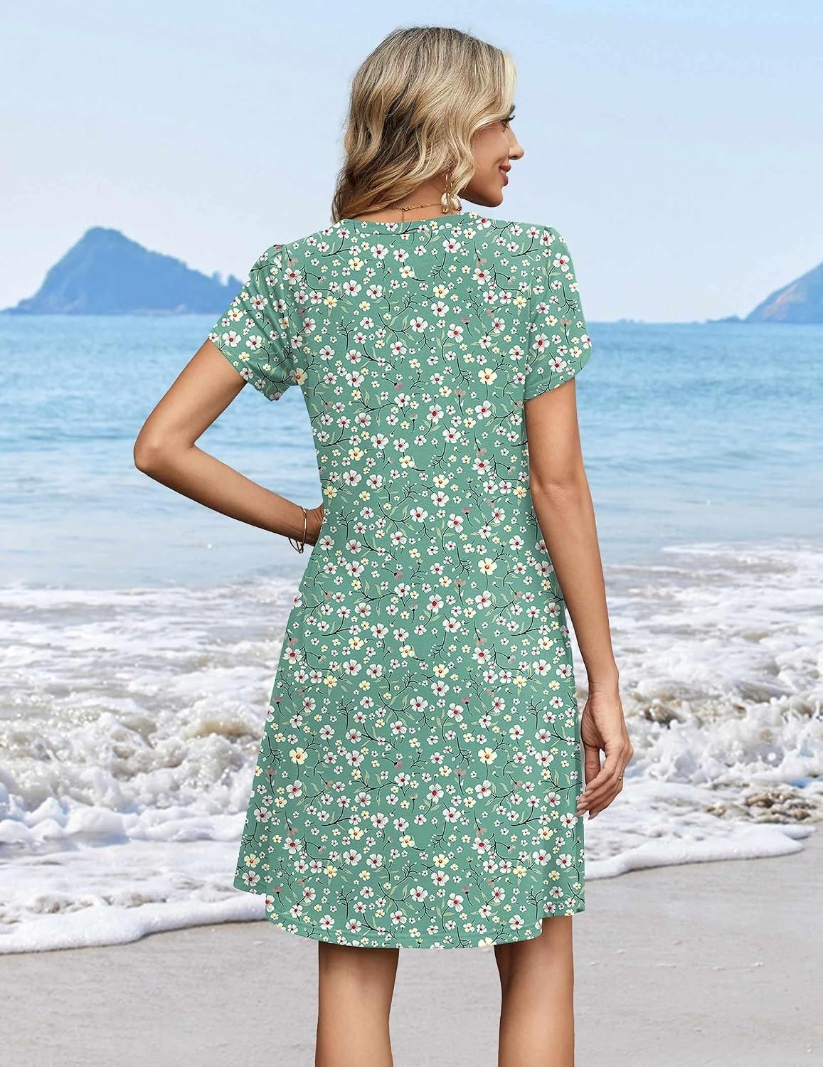 image:imageZeagoo Summer Dresses for Women Casual A Line Dress 2026 V Neck Short Dresses Floral Sundress Pleated Boho DressGreen Floral 02