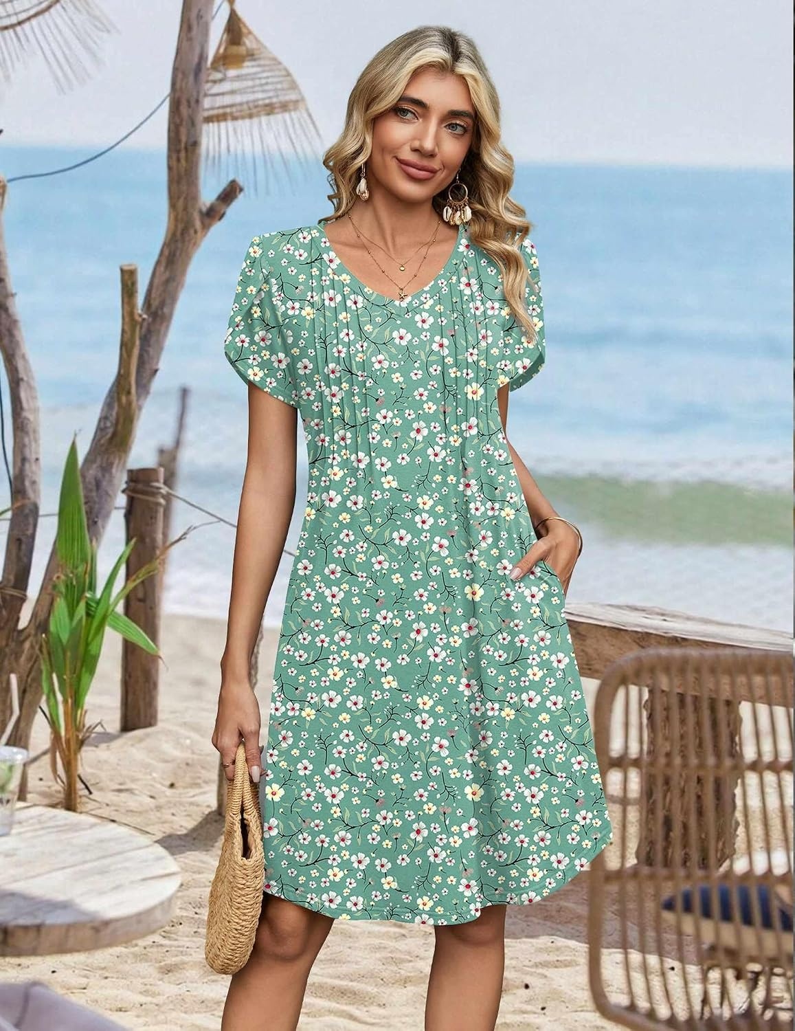 image:imageZeagoo Summer Dresses for Women Casual A Line Dress 2026 V Neck Short Dresses Floral Sundress Pleated Boho DressGreen Floral 02