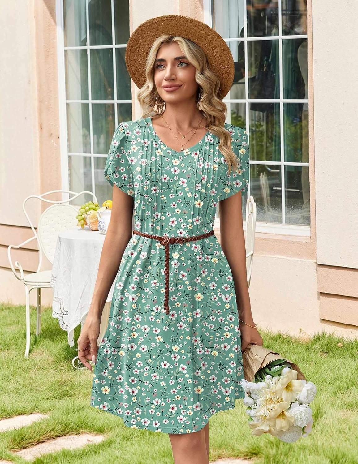 image:imageZeagoo Summer Dresses for Women Casual A Line Dress 2026 V Neck Short Dresses Floral Sundress Pleated Boho DressGreen Floral 02