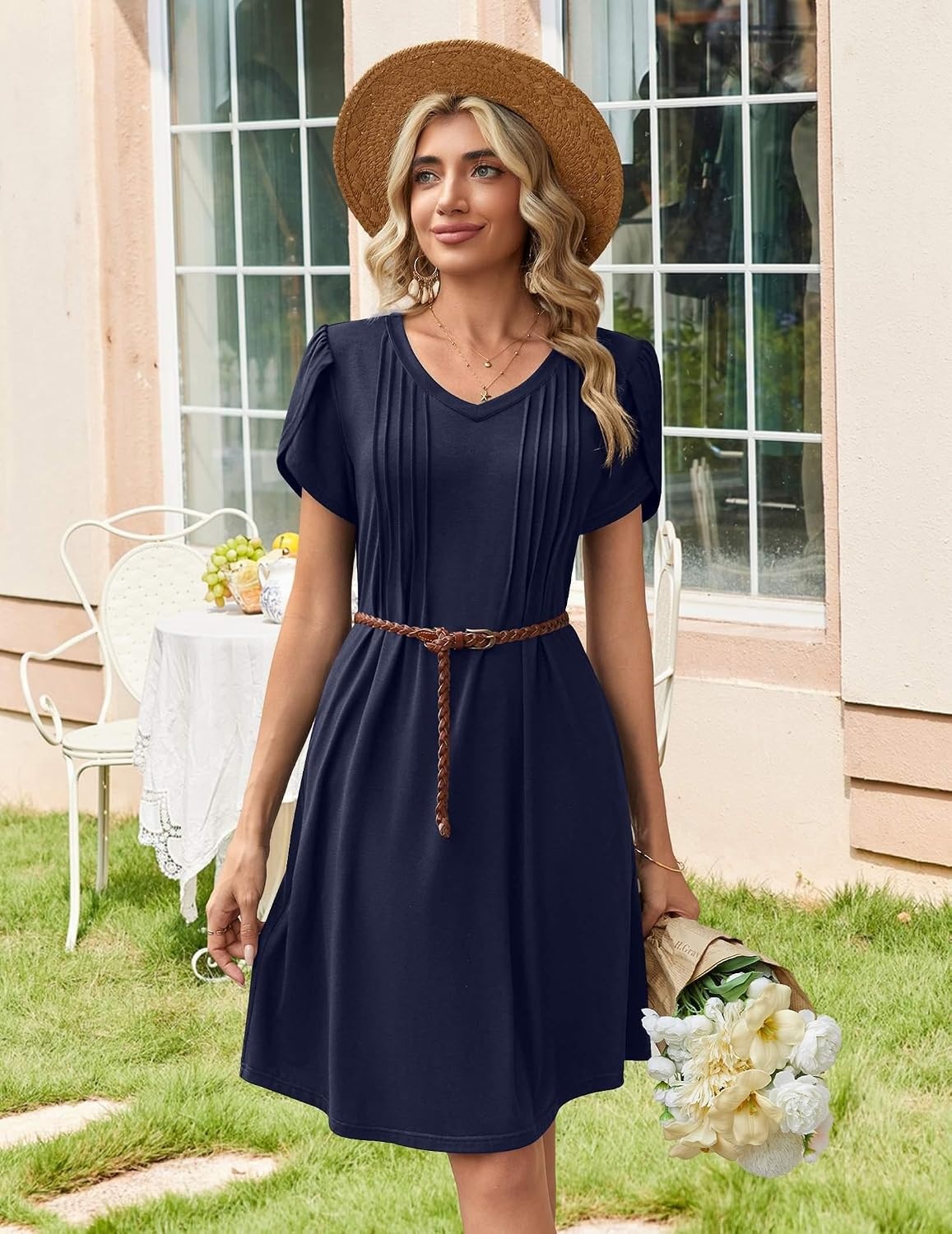 image:imageZeagoo Summer Dresses for Women Casual A Line Dress 2026 V Neck Short Dresses Floral Sundress Pleated Boho DressNavy Blue
