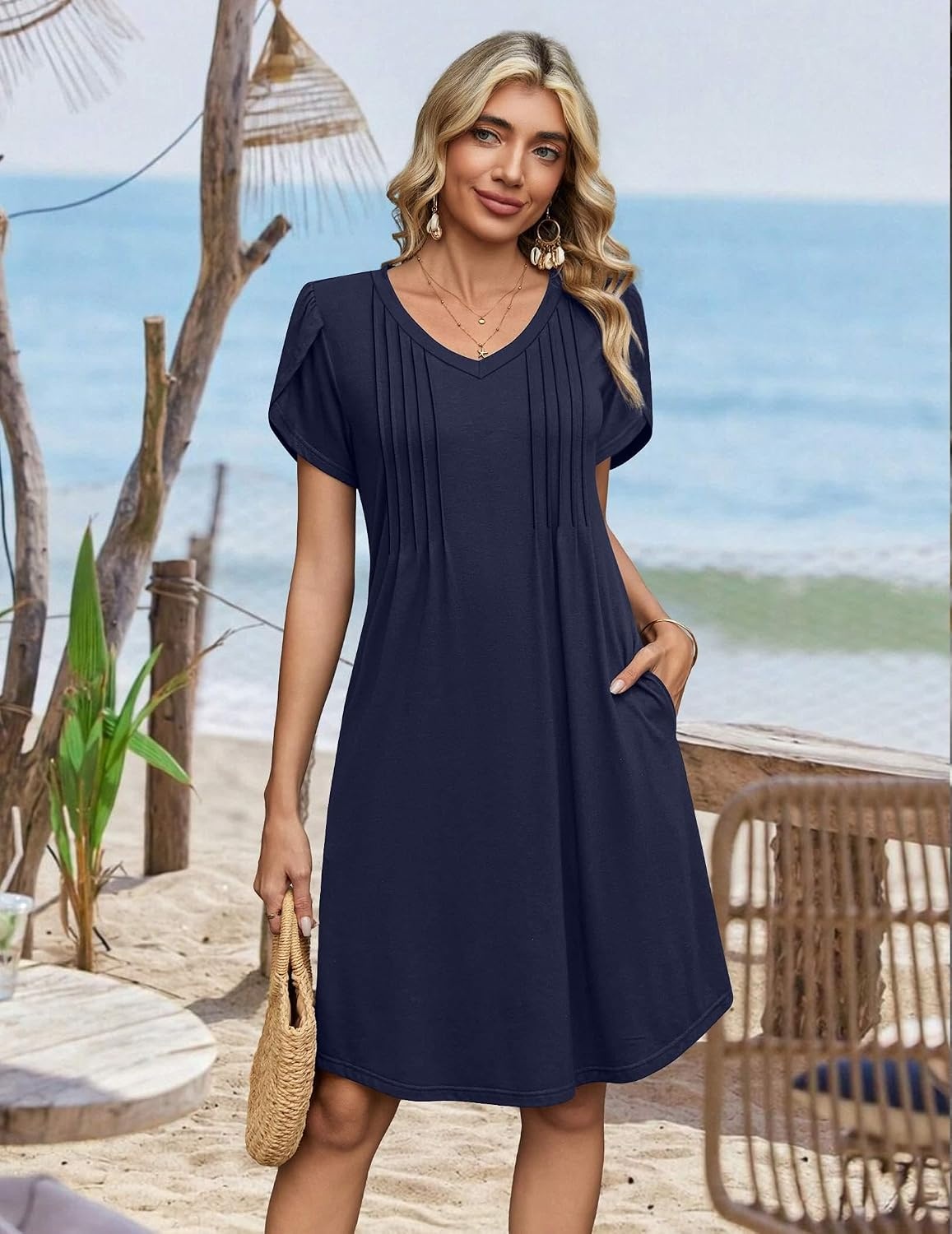 image:imageZeagoo Summer Dresses for Women Casual A Line Dress 2026 V Neck Short Dresses Floral Sundress Pleated Boho DressNavy Blue