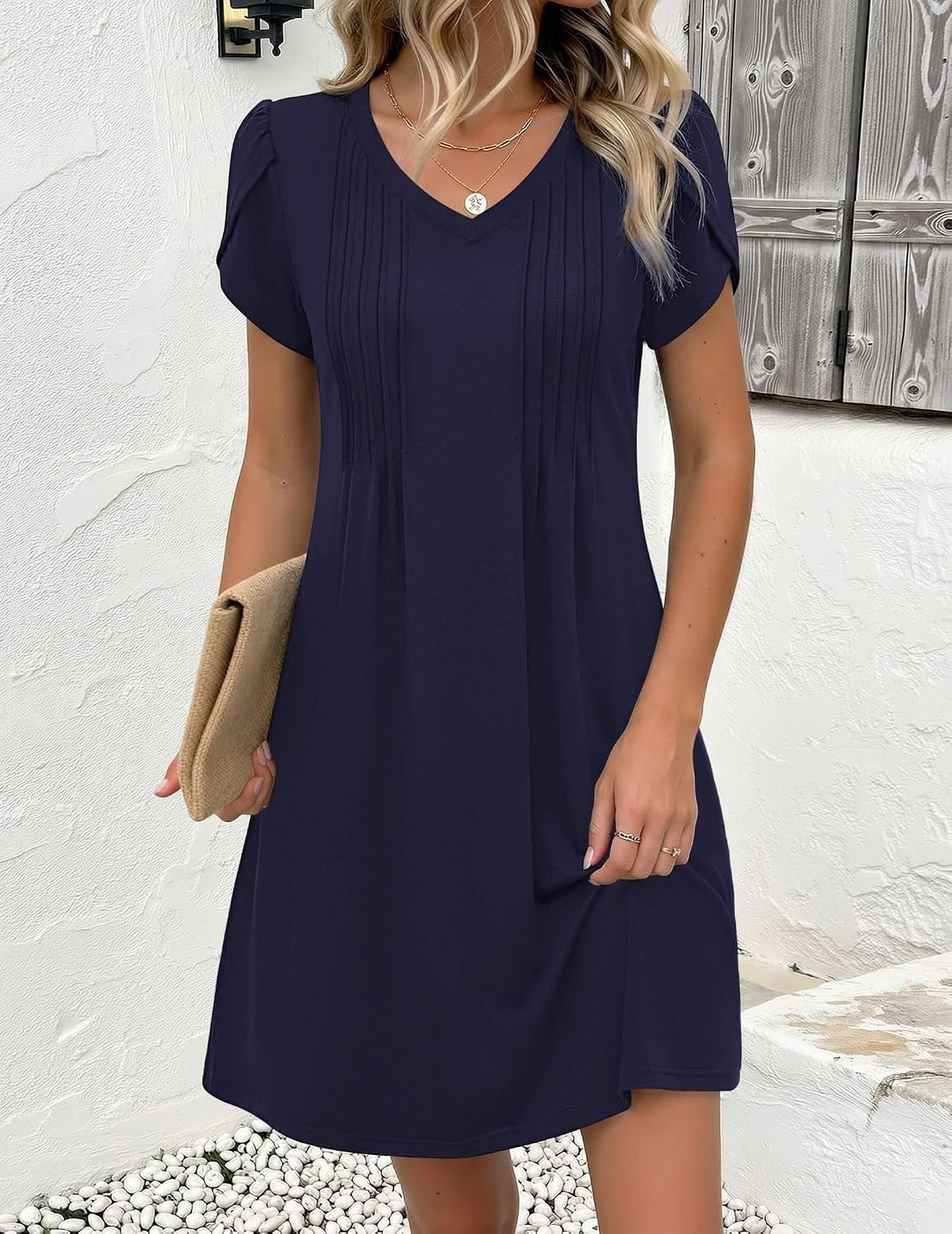 image:imageZeagoo Summer Dresses for Women Casual A Line Dress 2026 V Neck Short Dresses Floral Sundress Pleated Boho DressNavy Blue