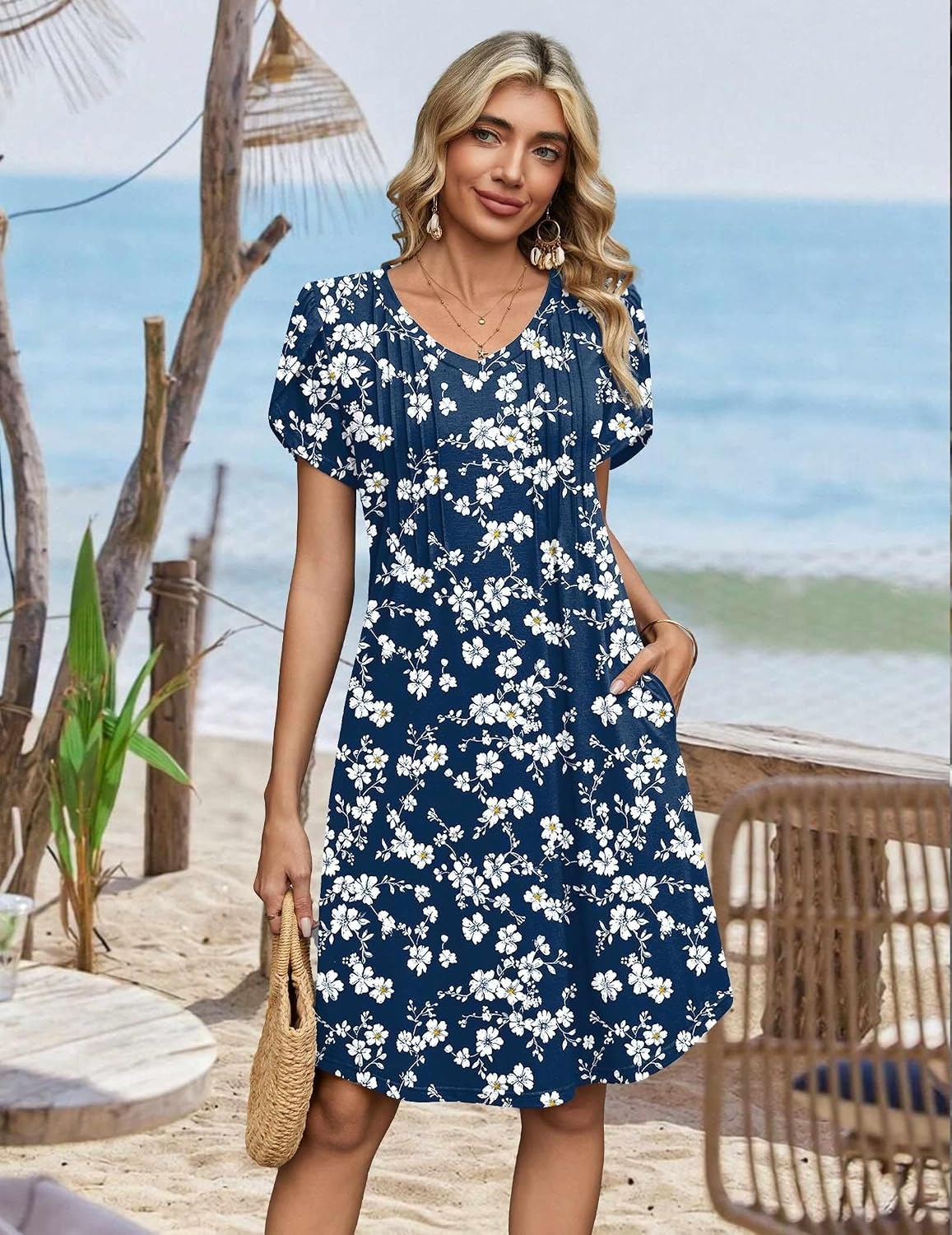 image:imageZeagoo Summer Dresses for Women Casual A Line Dress 2026 V Neck Short Dresses Floral Sundress Pleated Boho DressNavy Floral 02