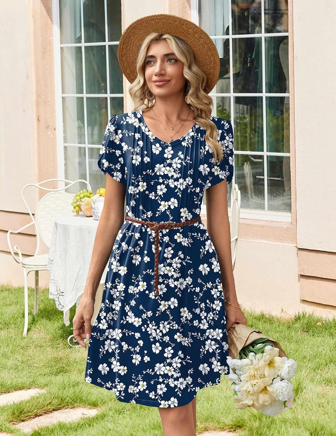 image:imageZeagoo Summer Dresses for Women Casual A Line Dress 2026 V Neck Short Dresses Floral Sundress Pleated Boho DressNavy Floral 02