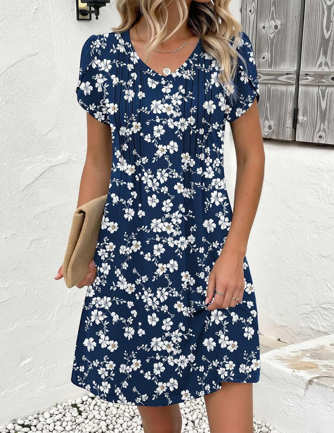 image:imageZeagoo Summer Dresses for Women Casual A Line Dress 2026 V Neck Short Dresses Floral Sundress Pleated Boho DressNavy Floral 02