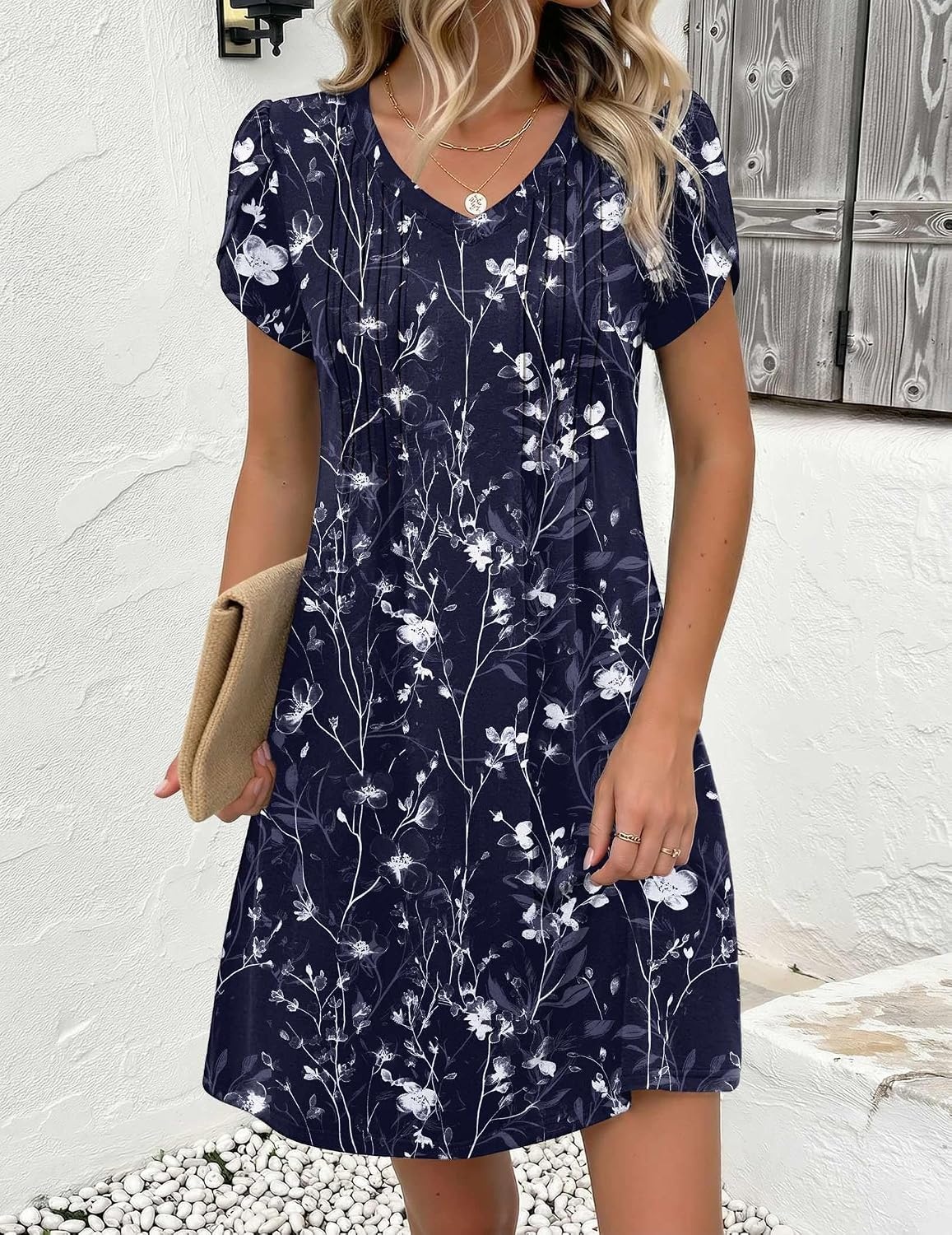 image:imageZeagoo Summer Dresses for Women Casual A Line Dress 2026 V Neck Short Dresses Floral Sundress Pleated Boho DressNavy Floral 03