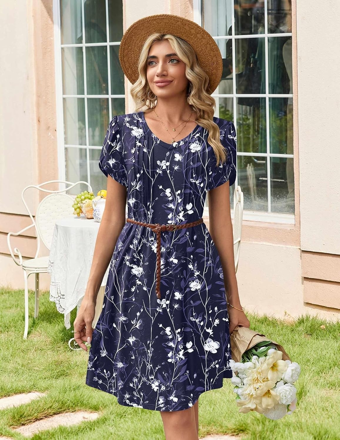 image:imageZeagoo Summer Dresses for Women Casual A Line Dress 2026 V Neck Short Dresses Floral Sundress Pleated Boho DressNavy Floral 03