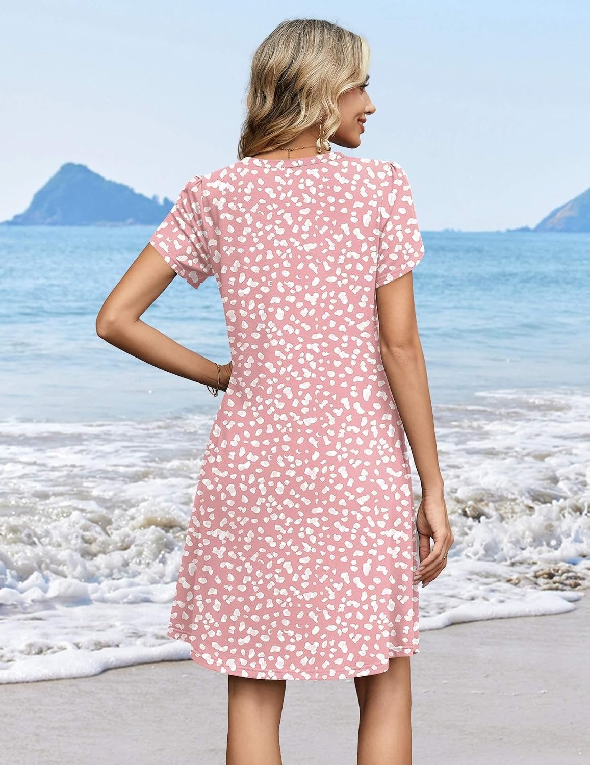 image:imageZeagoo Summer Dresses for Women Casual A Line Dress 2026 V Neck Short Dresses Floral Sundress Pleated Boho DressPink Dot