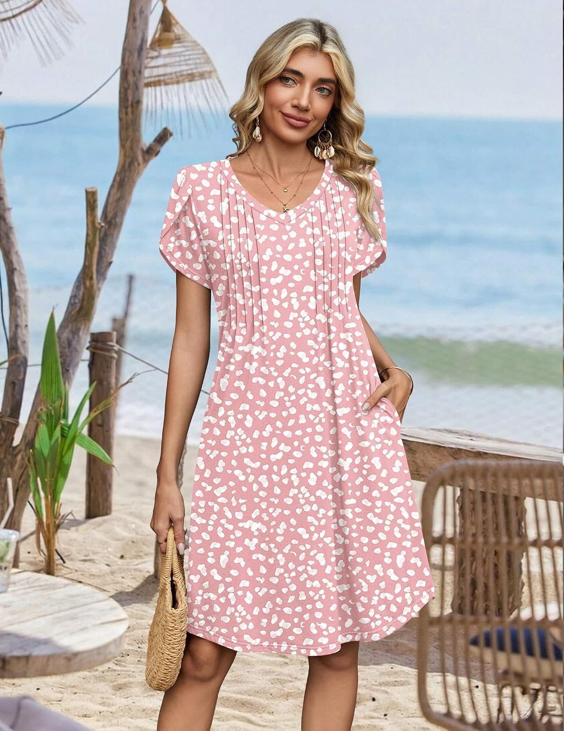 image:imageZeagoo Summer Dresses for Women Casual A Line Dress 2026 V Neck Short Dresses Floral Sundress Pleated Boho DressPink Dot