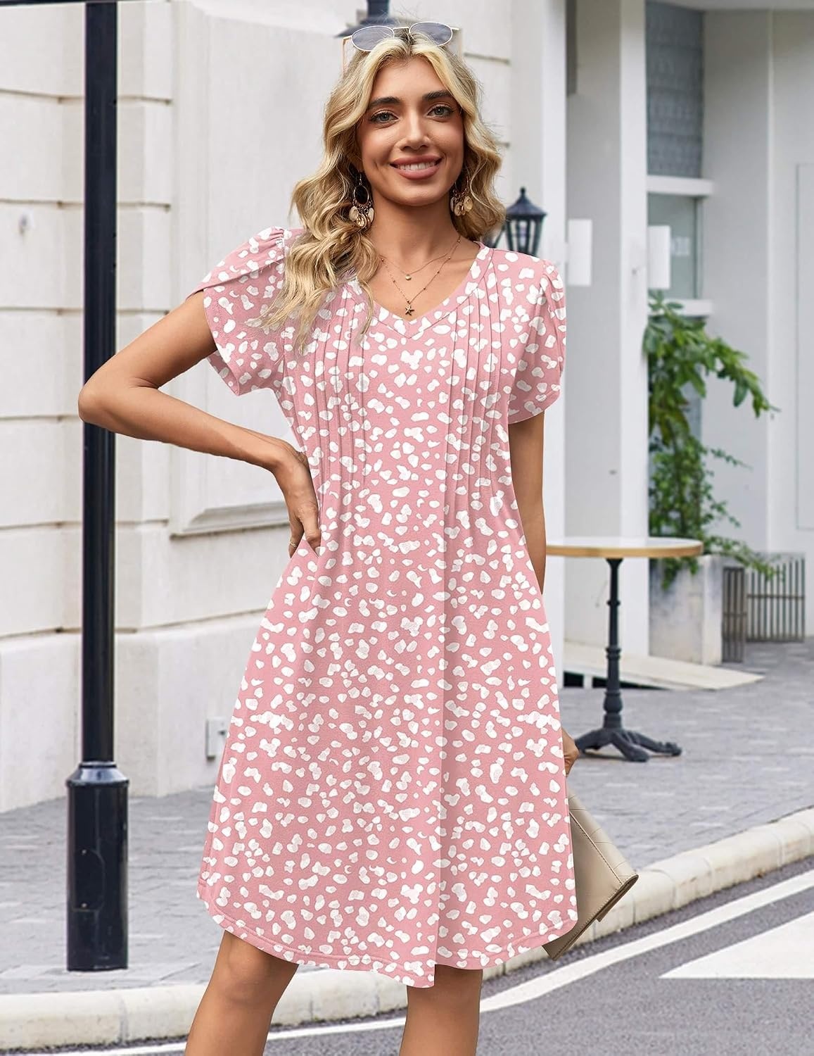 image:imageZeagoo Summer Dresses for Women Casual A Line Dress 2026 V Neck Short Dresses Floral Sundress Pleated Boho DressPink Dot