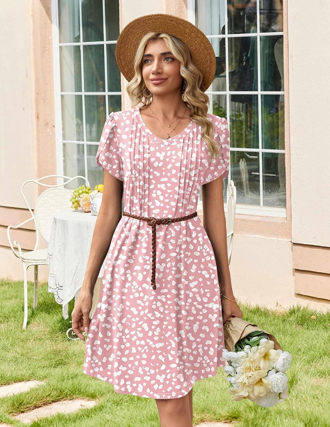 image:imageZeagoo Summer Dresses for Women Casual A Line Dress 2026 V Neck Short Dresses Floral Sundress Pleated Boho DressPink Dot
