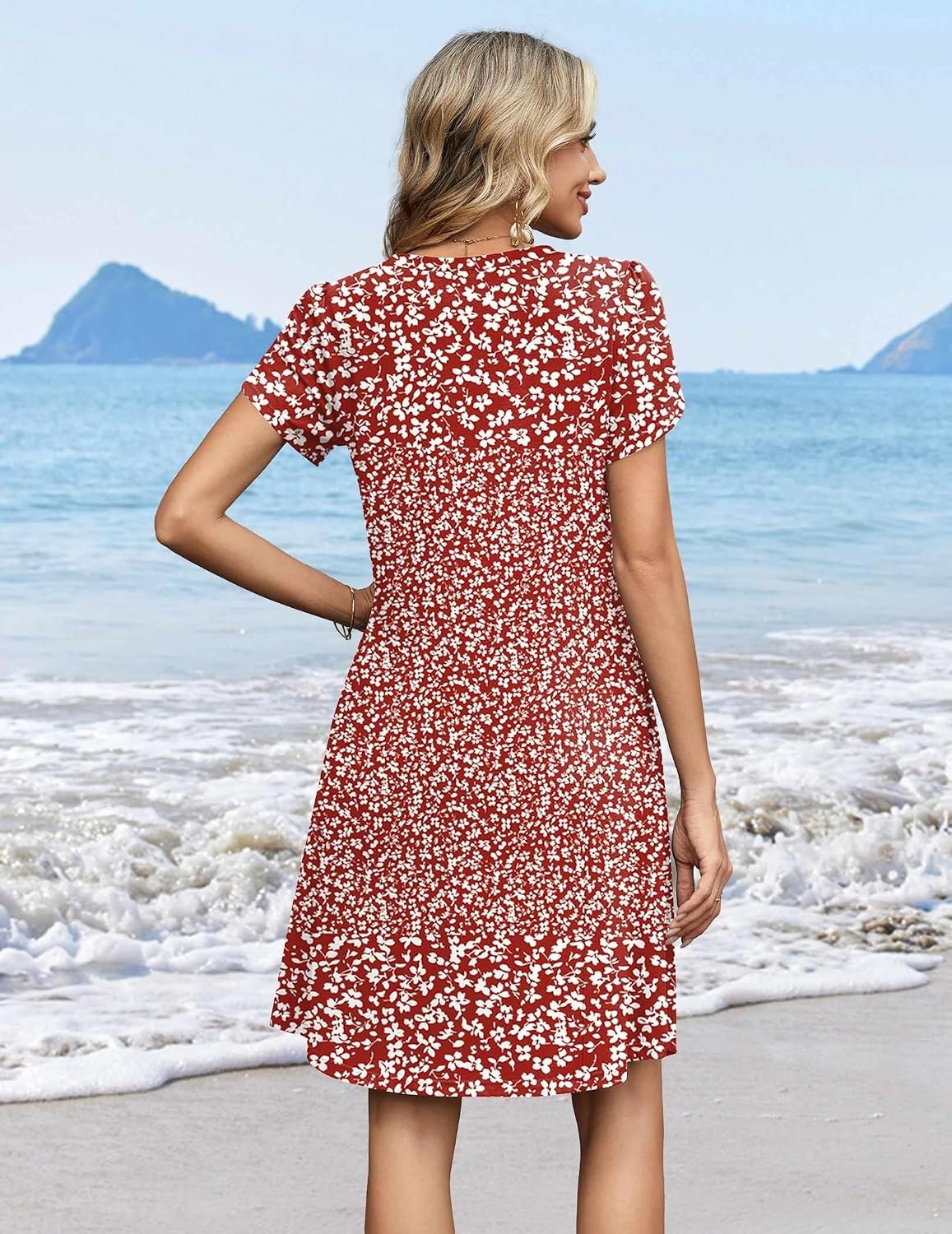 image:imageZeagoo Summer Dresses for Women Casual A Line Dress 2026 V Neck Short Dresses Floral Sundress Pleated Boho DressRed Floral