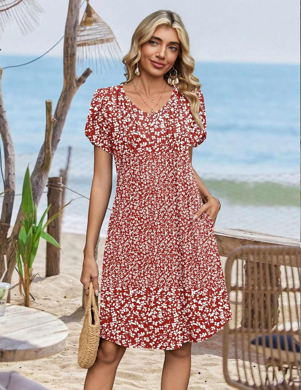 image:imageZeagoo Summer Dresses for Women Casual A Line Dress 2026 V Neck Short Dresses Floral Sundress Pleated Boho DressRed Floral