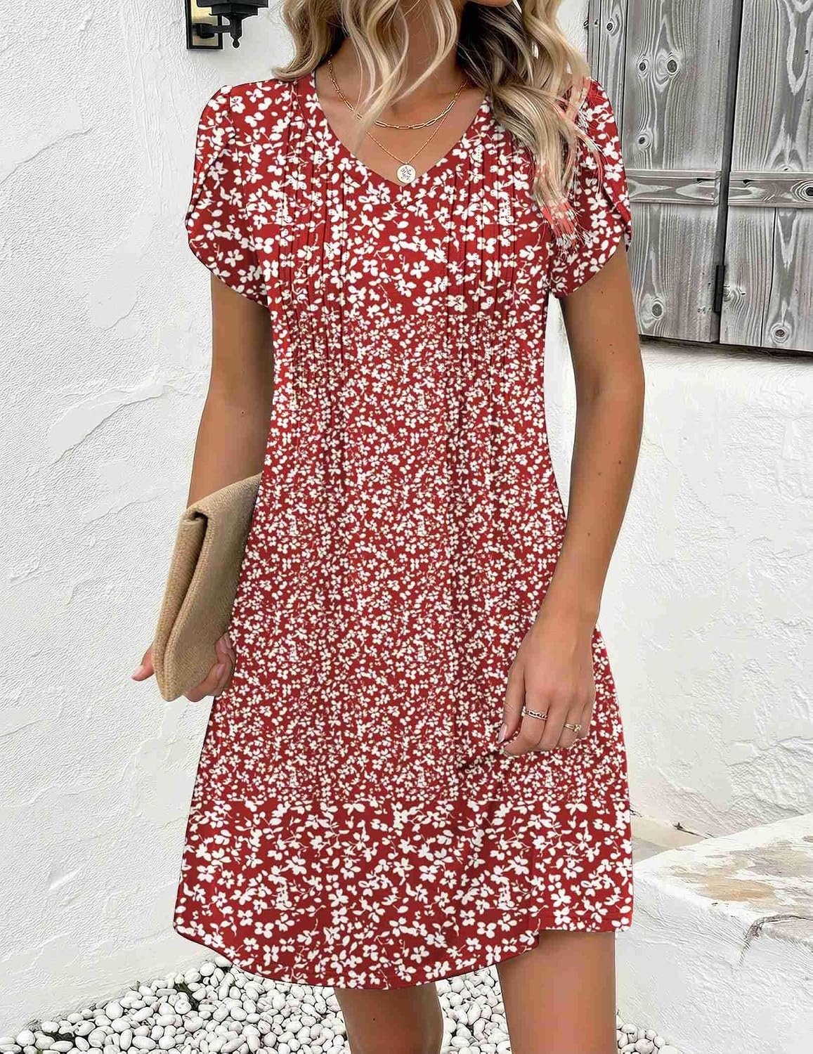image:imageZeagoo Summer Dresses for Women Casual A Line Dress 2026 V Neck Short Dresses Floral Sundress Pleated Boho DressRed Floral