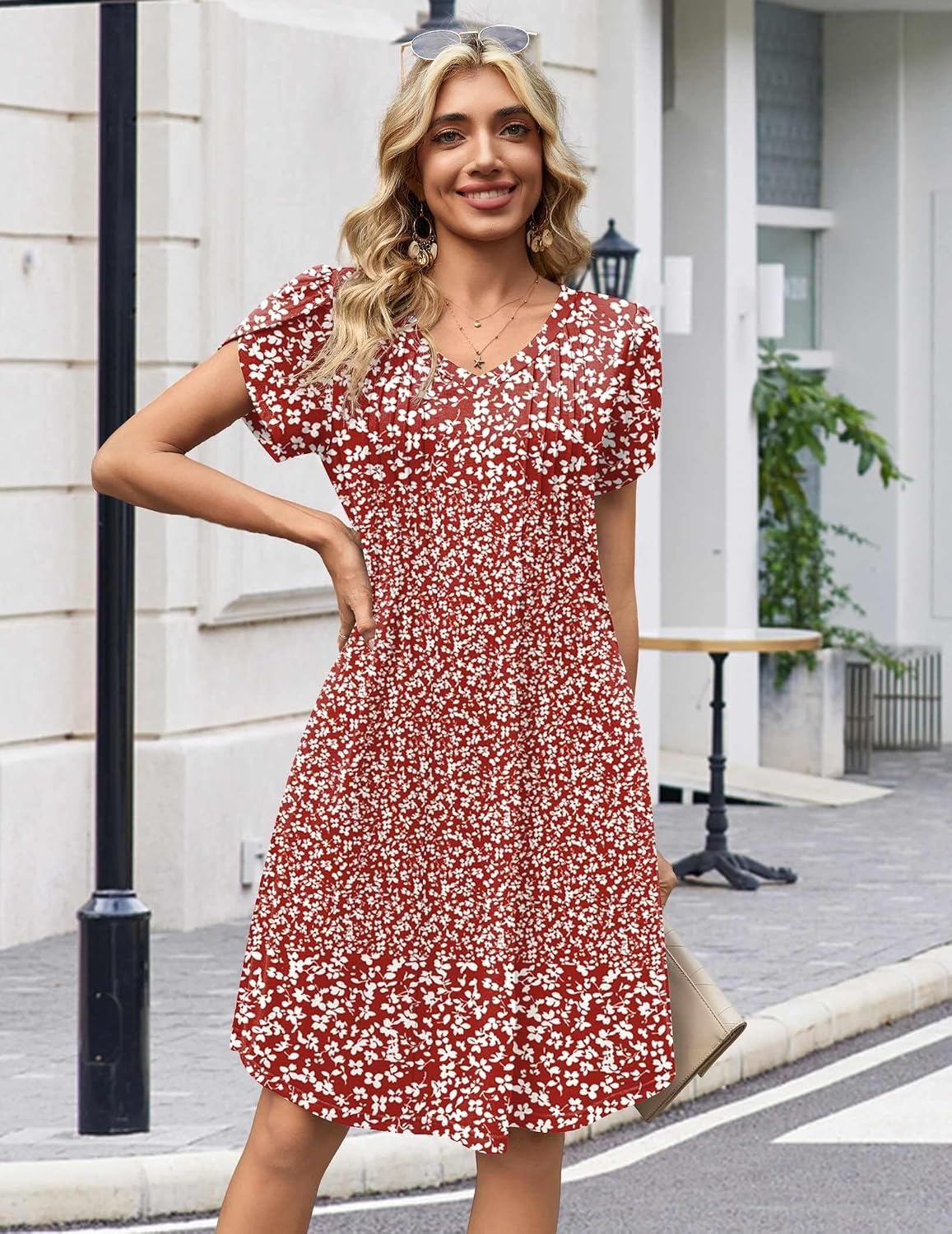 image:imageZeagoo Summer Dresses for Women Casual A Line Dress 2026 V Neck Short Dresses Floral Sundress Pleated Boho DressRed Floral
