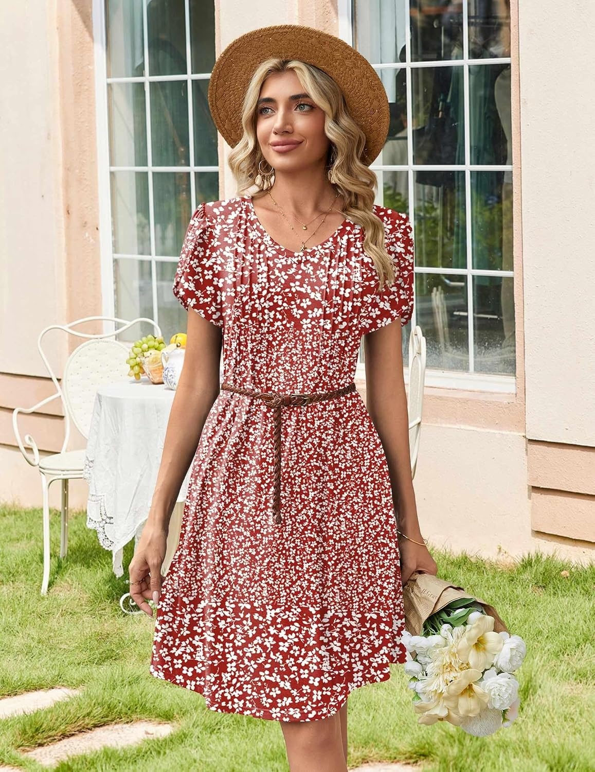 image:imageZeagoo Summer Dresses for Women Casual A Line Dress 2026 V Neck Short Dresses Floral Sundress Pleated Boho DressRed Floral