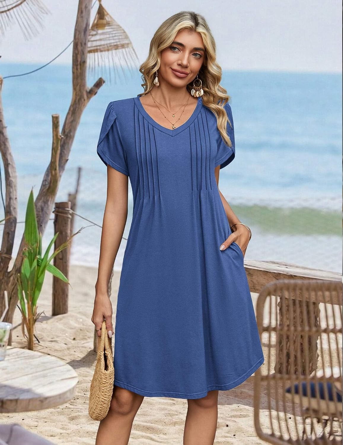 image:imageZeagoo Summer Dresses for Women Casual A Line Dress 2026 V Neck Short Dresses Floral Sundress Pleated Boho DressSolid Blue