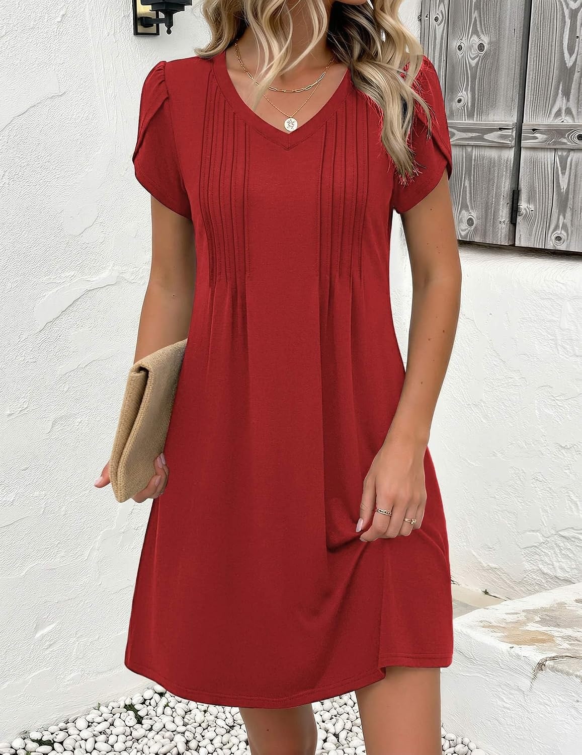 image:imageZeagoo Summer Dresses for Women Casual A Line Dress 2026 V Neck Short Dresses Floral Sundress Pleated Boho DressSolid Red