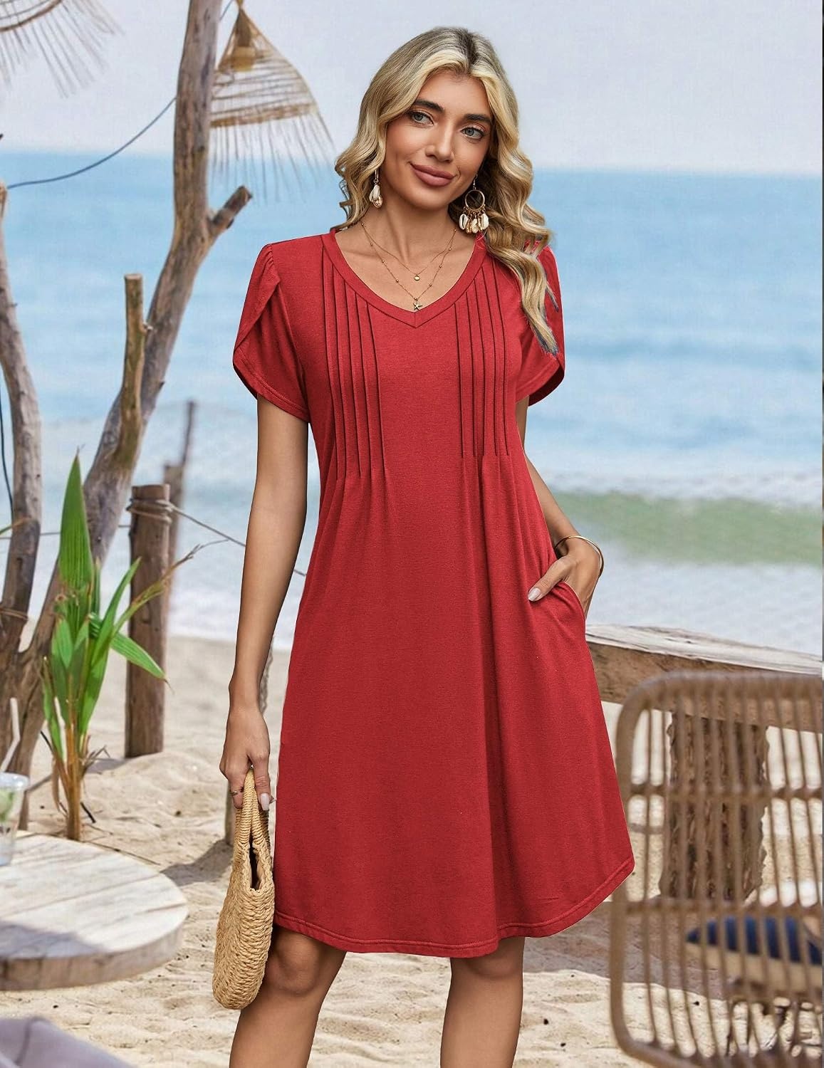 image:imageZeagoo Summer Dresses for Women Casual A Line Dress 2026 V Neck Short Dresses Floral Sundress Pleated Boho DressSolid Red